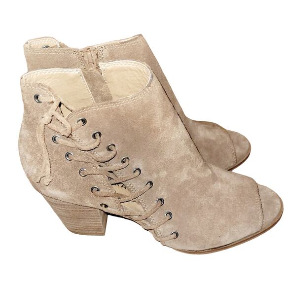 Lucky Brand Chestnut Brown Leather Open Toe Booties Size 6 Side Zip Lace Detail - Picture 1 of 9